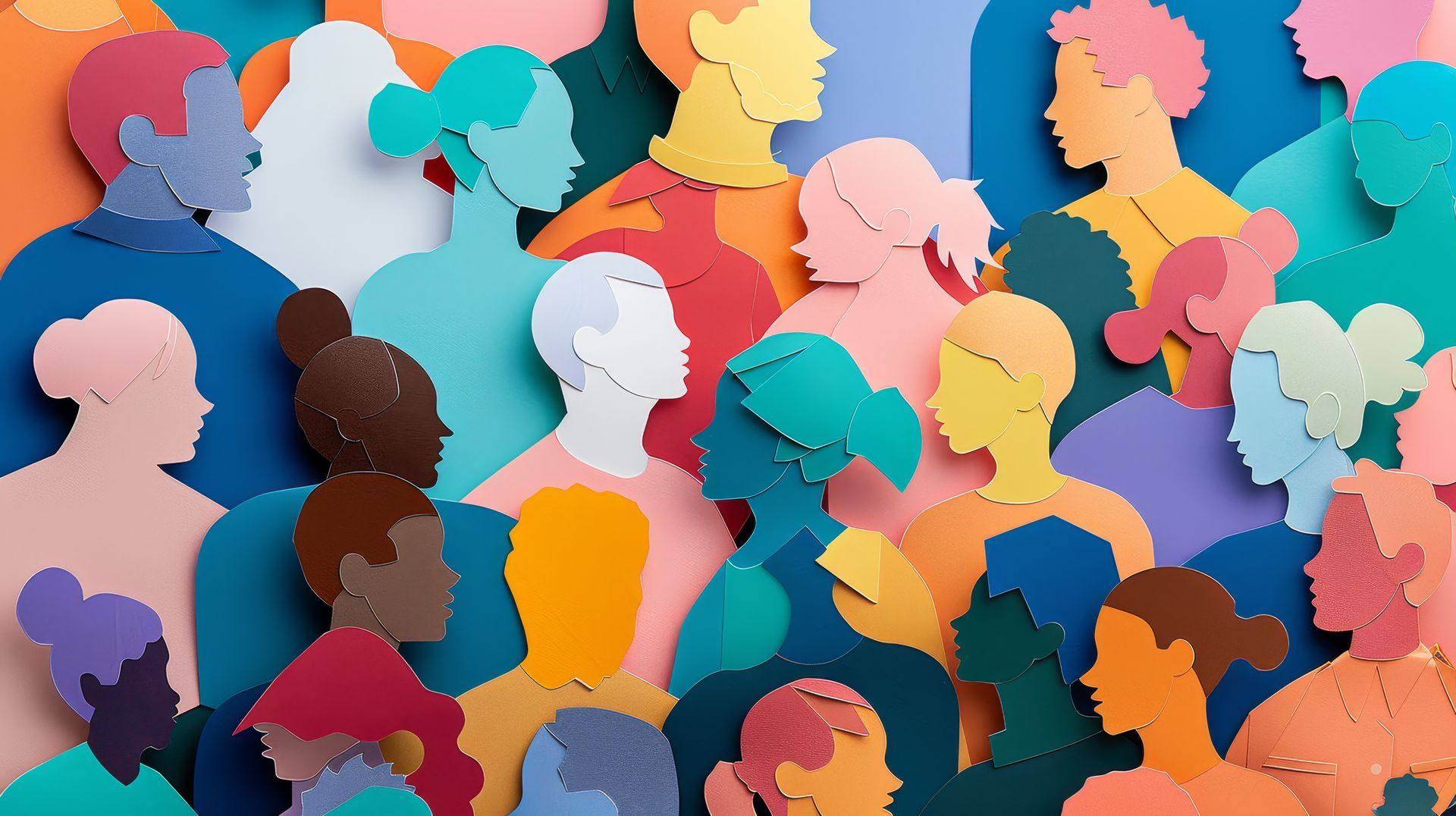 A group of people cut out of paper are standing next to each other.