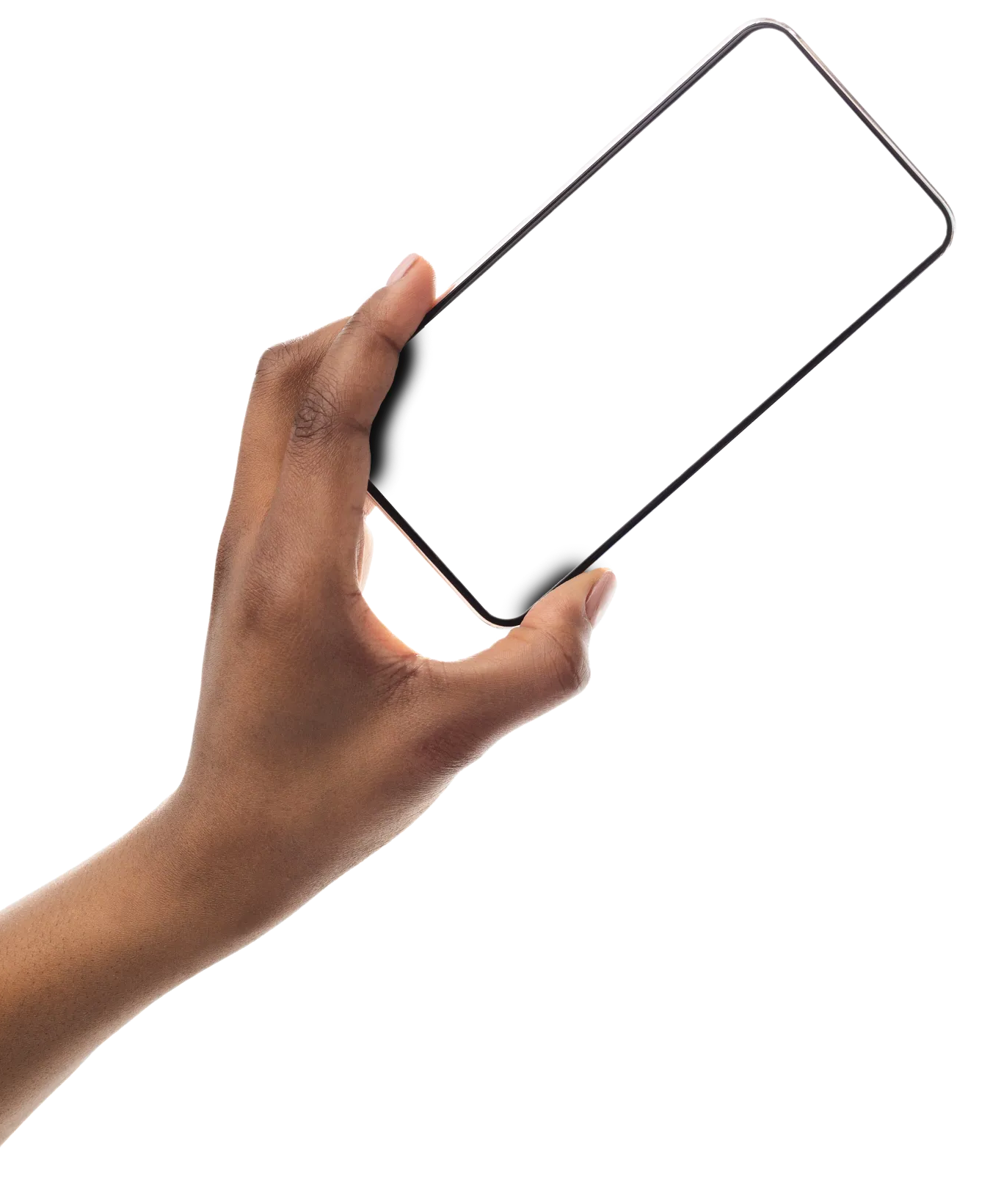 A hand is holding a cell phone with a white screen