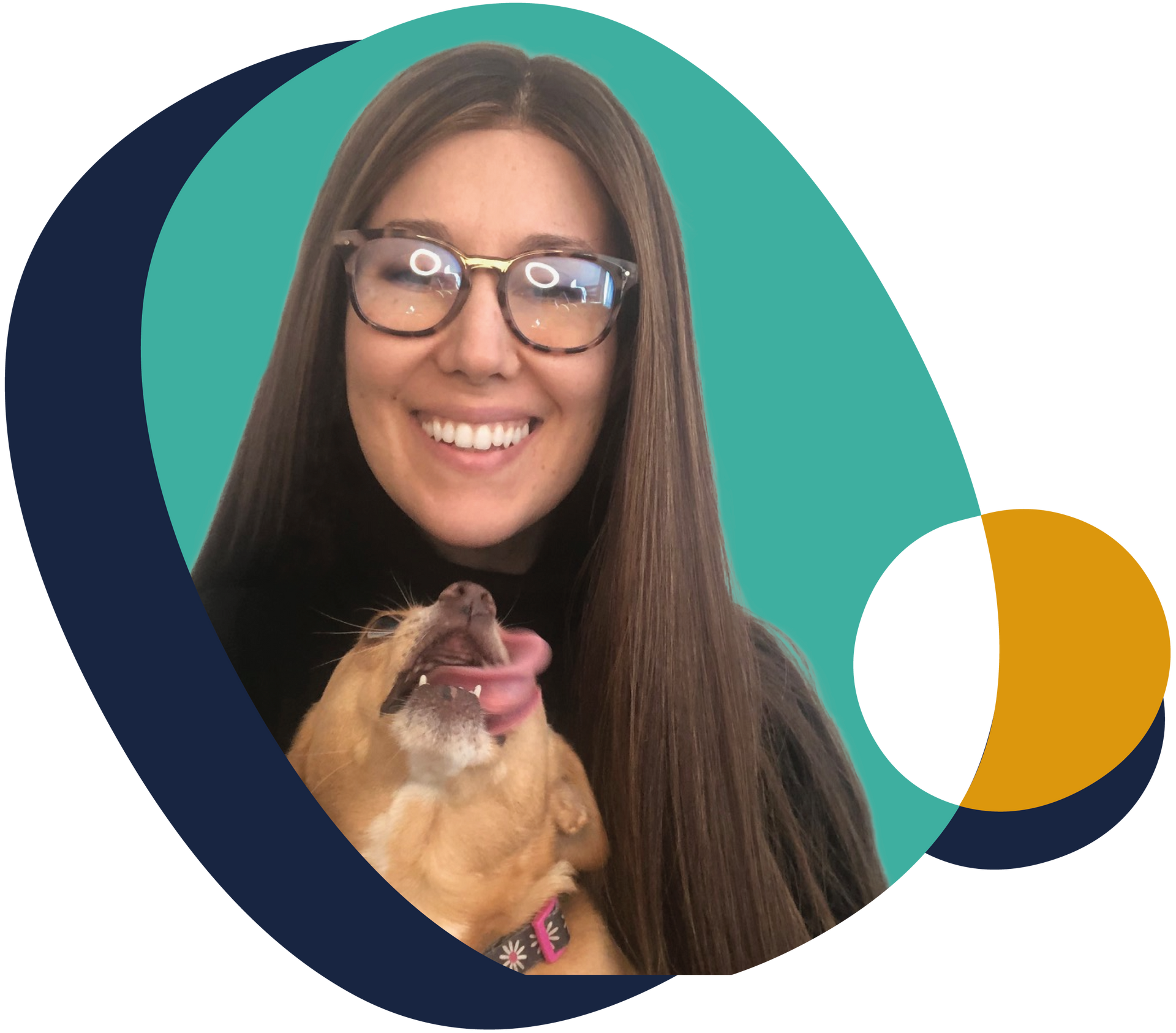 A woman wearing glasses is holding a dog with its tongue out.