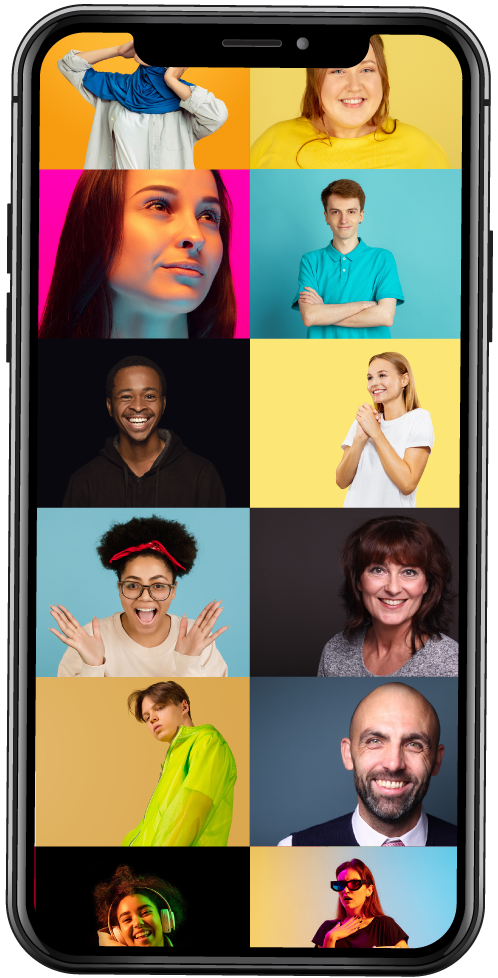 A cell phone with a collage of people 's faces on it.