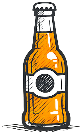 Bottiglia di birra con liquido giallo, etichetta bianca e tappo nero.