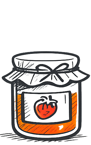 Barattolo di marmellata di fragole, arancione, con etichetta raffigurante una fragola rossa; coperchio chiuso.