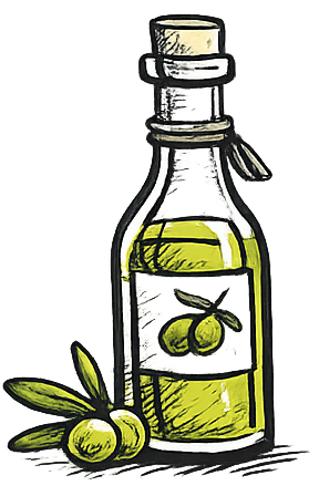 Bottiglia di olio d'oliva con olive e foglie; verde e bianco.