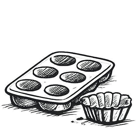 Stampo per muffin con sei pirottini pieni; un muffin è lì vicino.