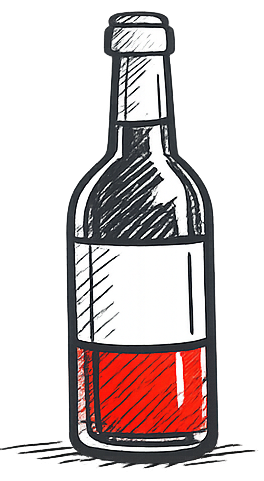 Bottiglia di liquido rosso, con etichetta bianca.