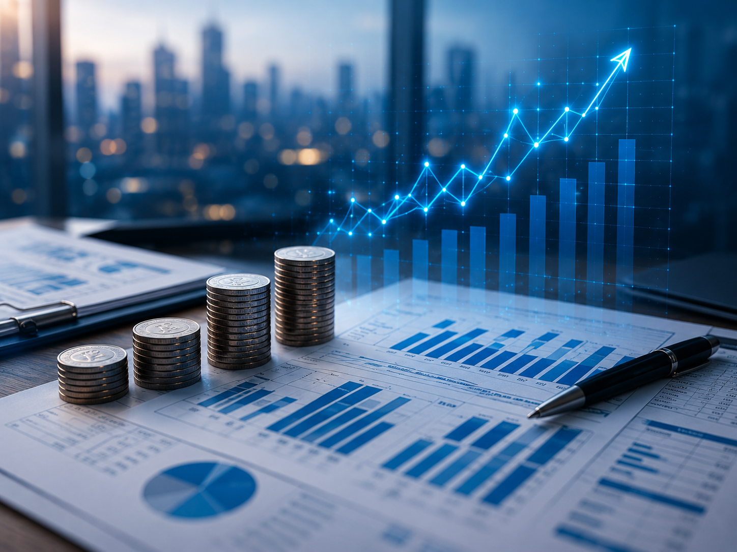 Gráficos financeiros com moedas empilhadas e um gráfico de crescimento azul ascendente sobre o horizonte de uma cidade.
