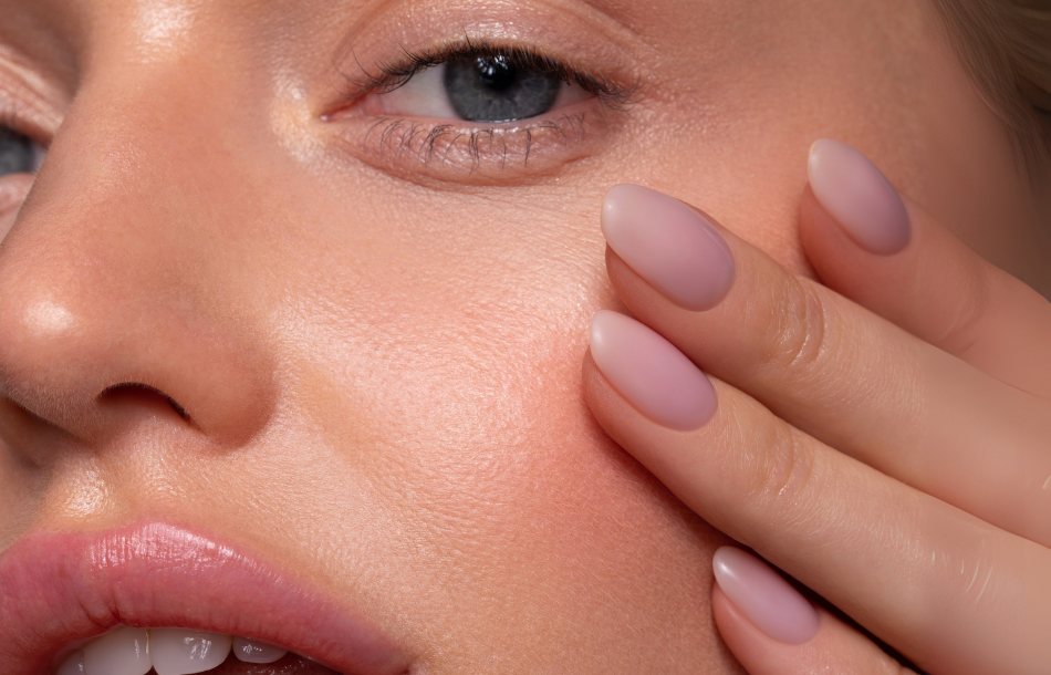 A close up of a woman 's face with her hands on it.