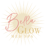 A logo for bella glow med spa with a sunburst in the background.