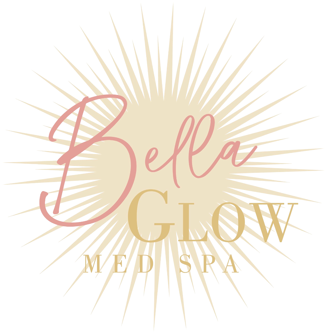 A logo for bella glow med spa with a sunburst in the background.