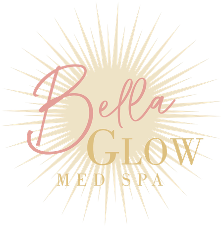 A logo for bella glow med spa with a sunburst in the background.