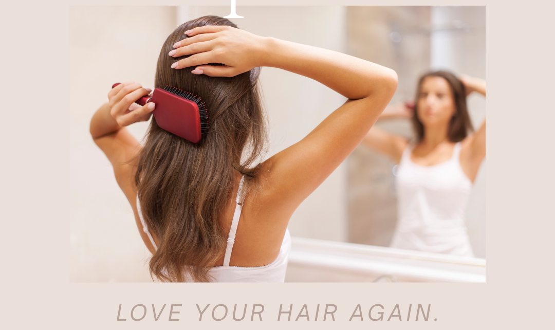 Woman brushing hair in front of a mirror. Text reads 