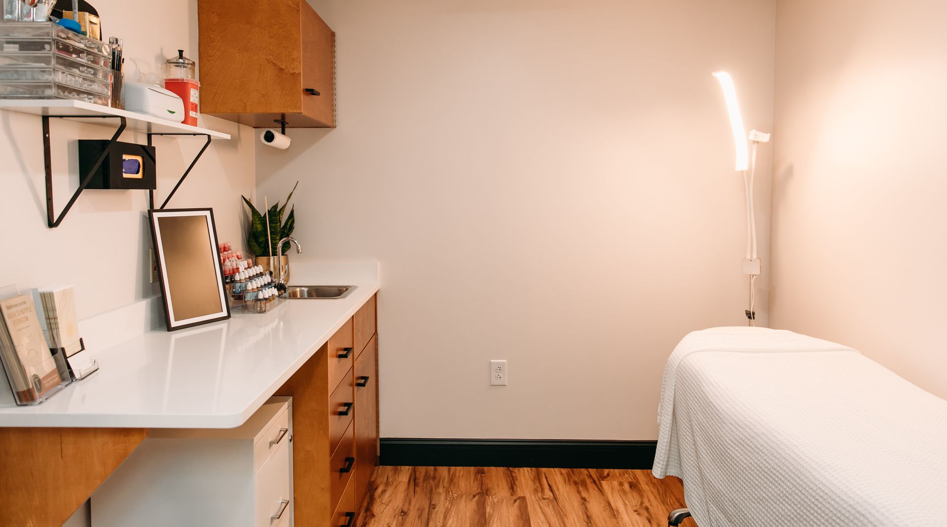 There is a table in the middle of the room.