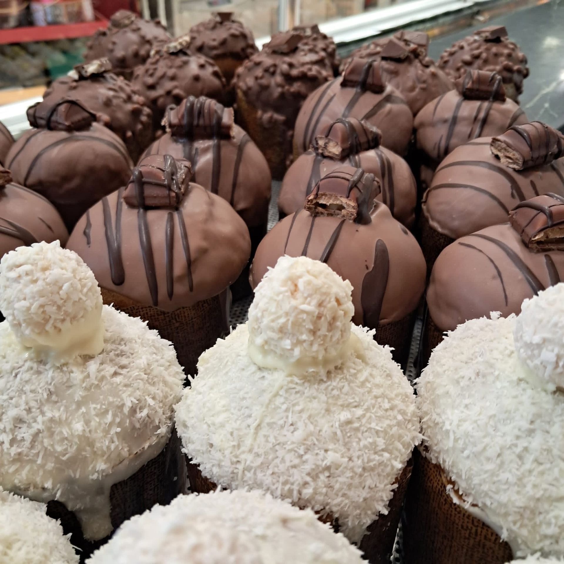 Cupcake al cioccolato e cocco in esposizione. Alcuni sono ricoperti di cioccolato e glassa, altri di cocco.