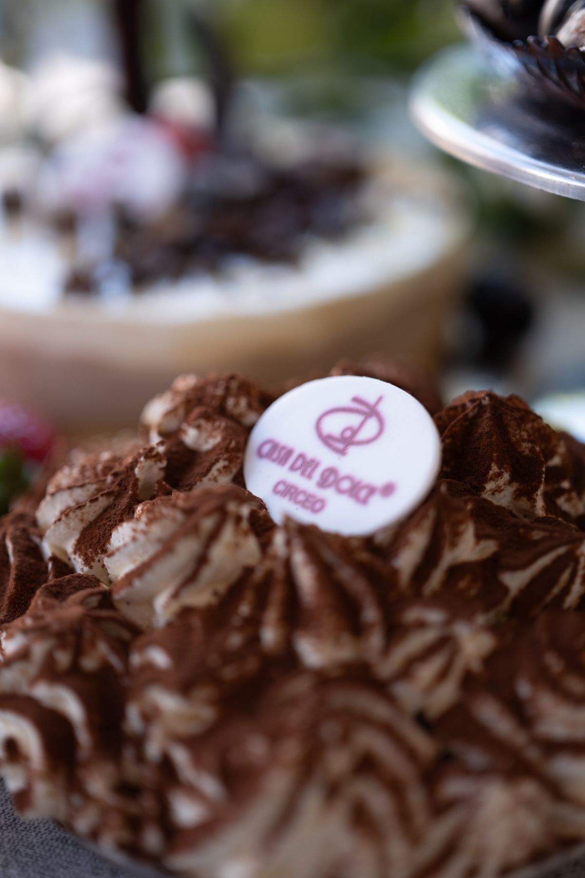 Primo piano di un pasticcino al cioccolato con logo, ricoperto di cacao in polvere, con una torta sfocata sullo sfondo.