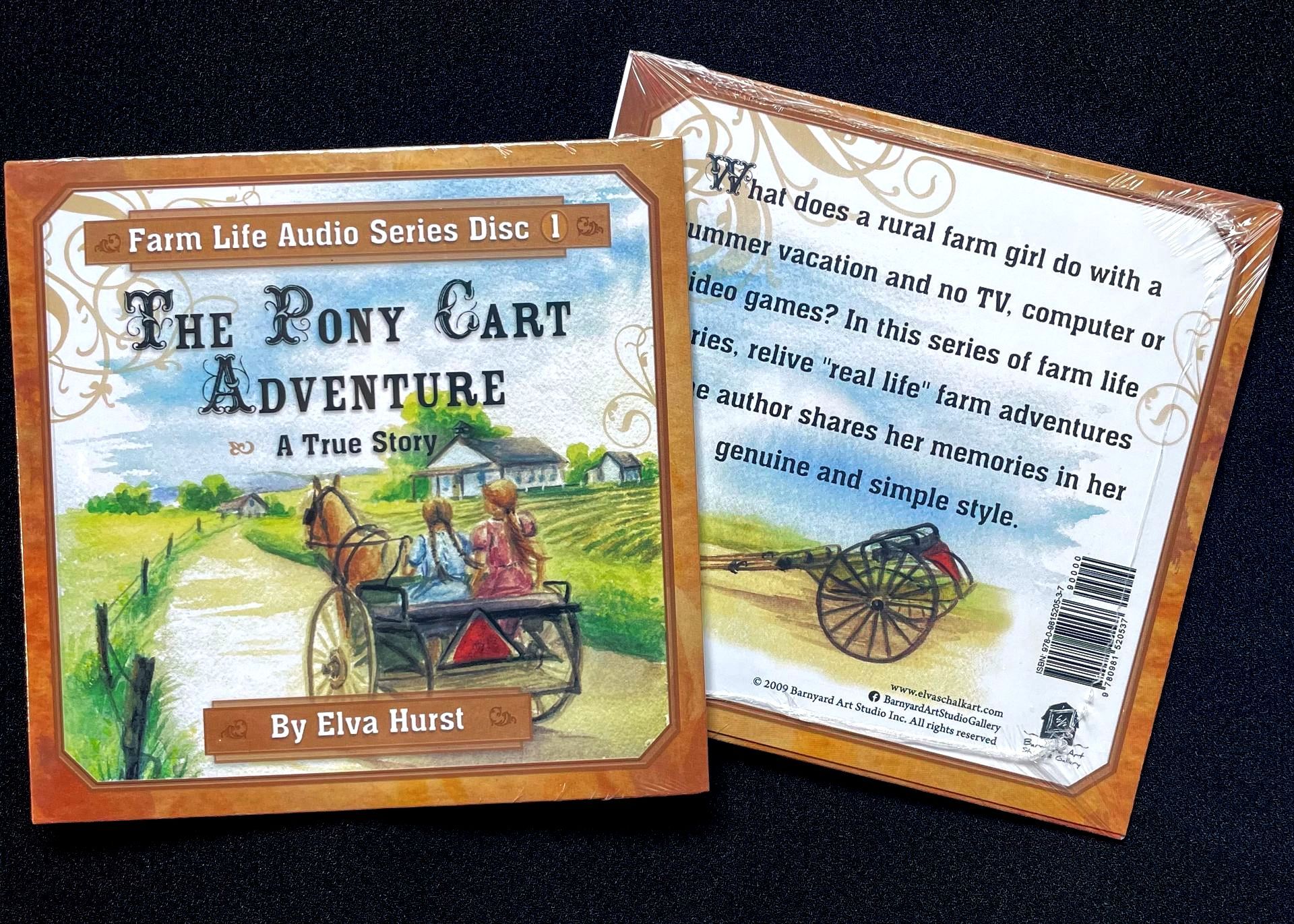 A book called the pony cart adventure sits on a table