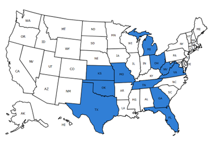 A map of the united states with blue states highlighted