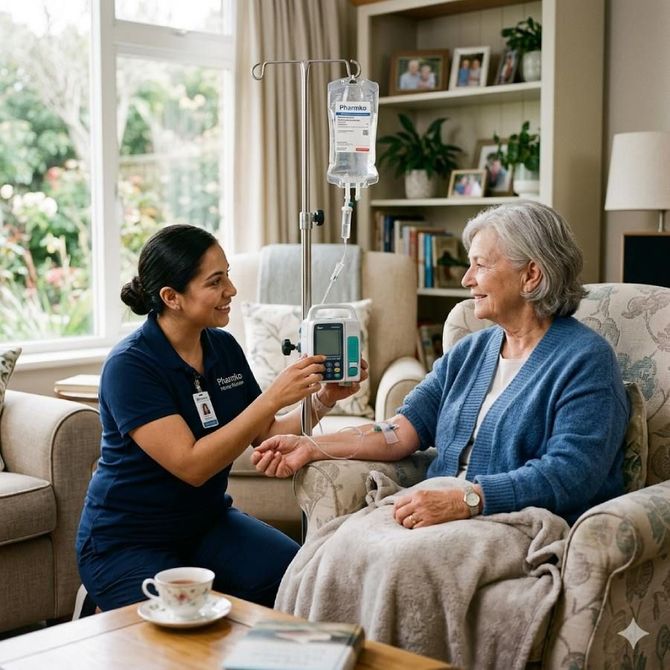 A close-up IV therapy bag hangs from a stainless-steel pole, featuring a dark blue rectangular label with Pharmko branding. Behind it, slightly out of focus, a smiling African American nurse wearing navy blue scrubs and blue medical gloves stands with her arms crossed against a clean, light background.