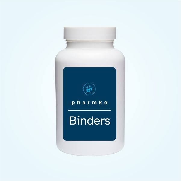 White Pharmko bottle with a dark blue label reading 'Binders,' representing Pharmko’s line of specialty binder medications and nutritional support products.
