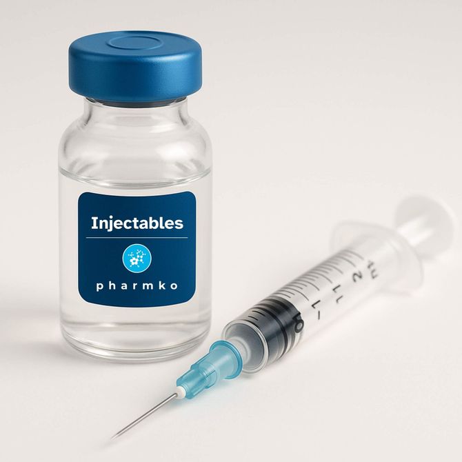 Image of a bottle of that's Pharmko branded with the word Injectables positioned next to a syringe.
