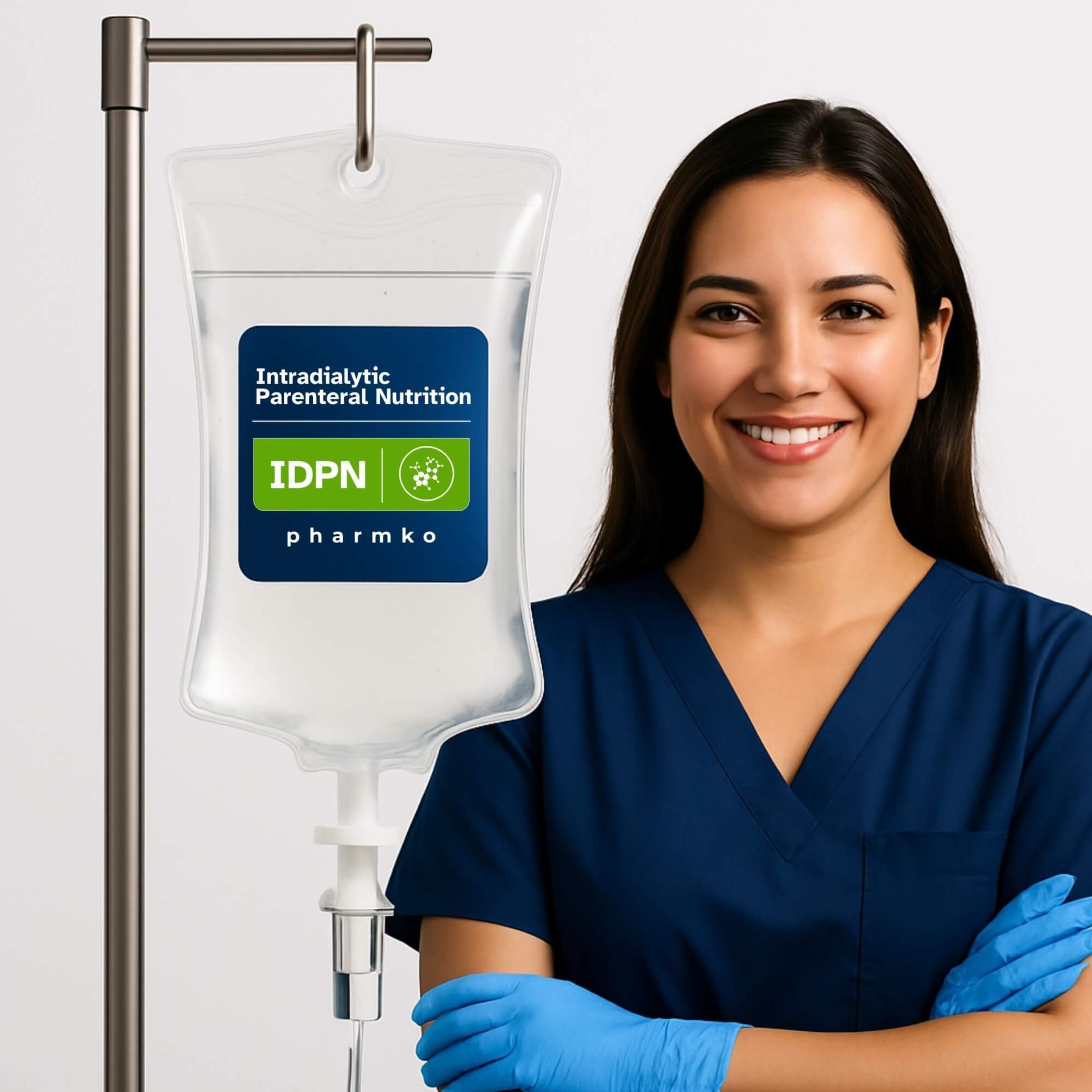 A smiling Latina nurse in navy scrubs and blue gloves stands beside a clear IV bag hanging from a stainless-steel pole. The IV bag displays a dark blue Pharmko label with the text “Intradialytic Parenteral Nutrition,” featuring a green “IDPN” badge and a medical icon. Both the nurse and the IV setup are shown clearly against a clean, neutral background.