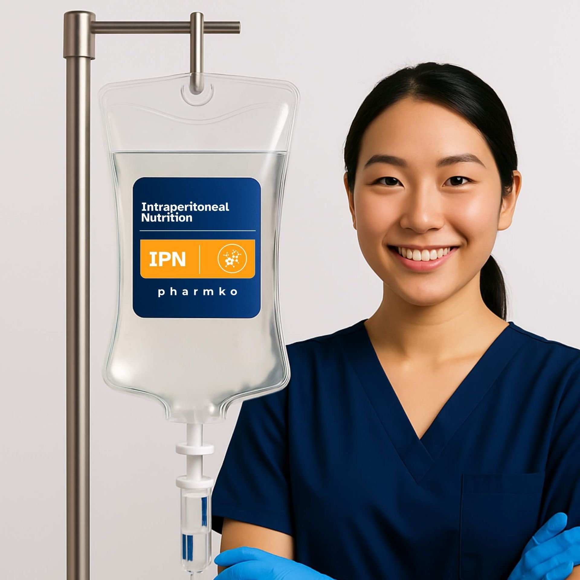 A smiling Asian nurse in navy blue scrubs and blue medical gloves stands beside a clear IV bag hanging from a stainless-steel pole. The IV bag features a dark blue Pharmko label with the text “Intraperitoneal Nutrition,” along with an orange “IPN” badge and medical icon. The scene is bright, professional, and clinically styled.