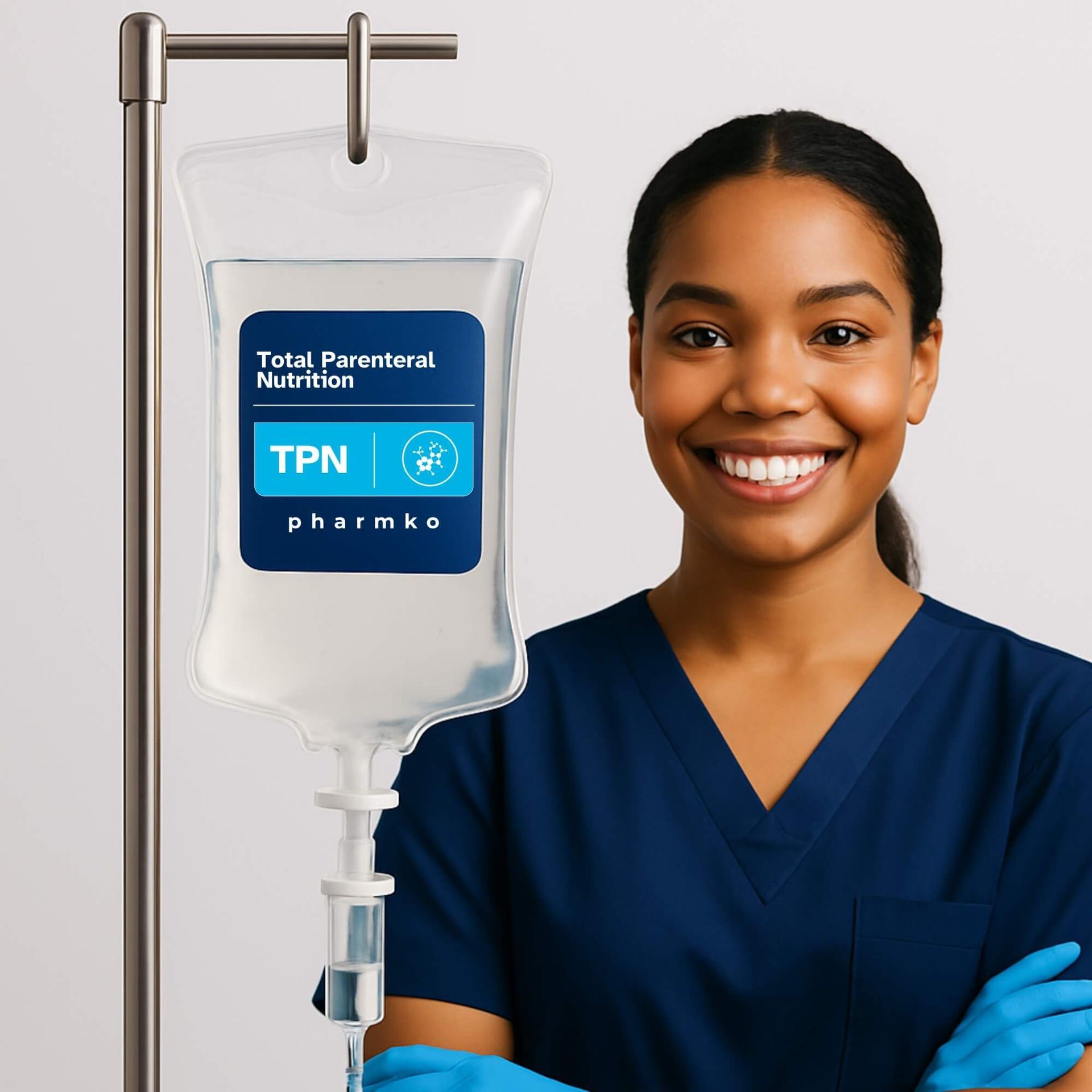 A smiling African American nurse in navy scrubs stands beside a clear IV bag hanging from a stainless-steel pole. The IV bag features a dark blue Pharmko label with the text “Total Parenteral Nutrition,” a turquoise “TPN” badge, and a small medical icon. The scene is clean, bright, and clinical, with both the nurse and the IV bag in sharp focus.