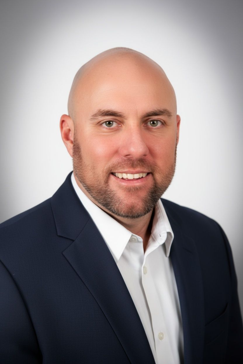 Bald man in a dark blue suit and white shirt, smiling against a gradient background. Bald man in a dark blue suit and white shirt, smiling against a gradient background.