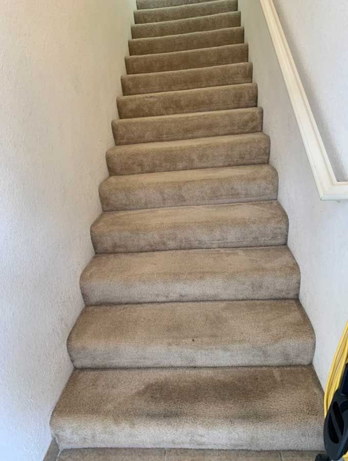 A set of stairs with carpeted steps and a white railing.