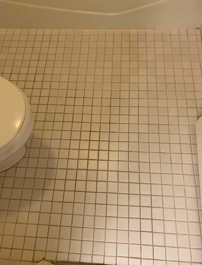 A bathroom with a toilet and a tiled floor.