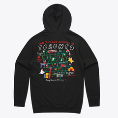 A black sweatshirt with the Santa Claus Parade map on the back.