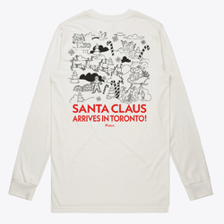 A white long sleeve tshirt with a nostalgic print.