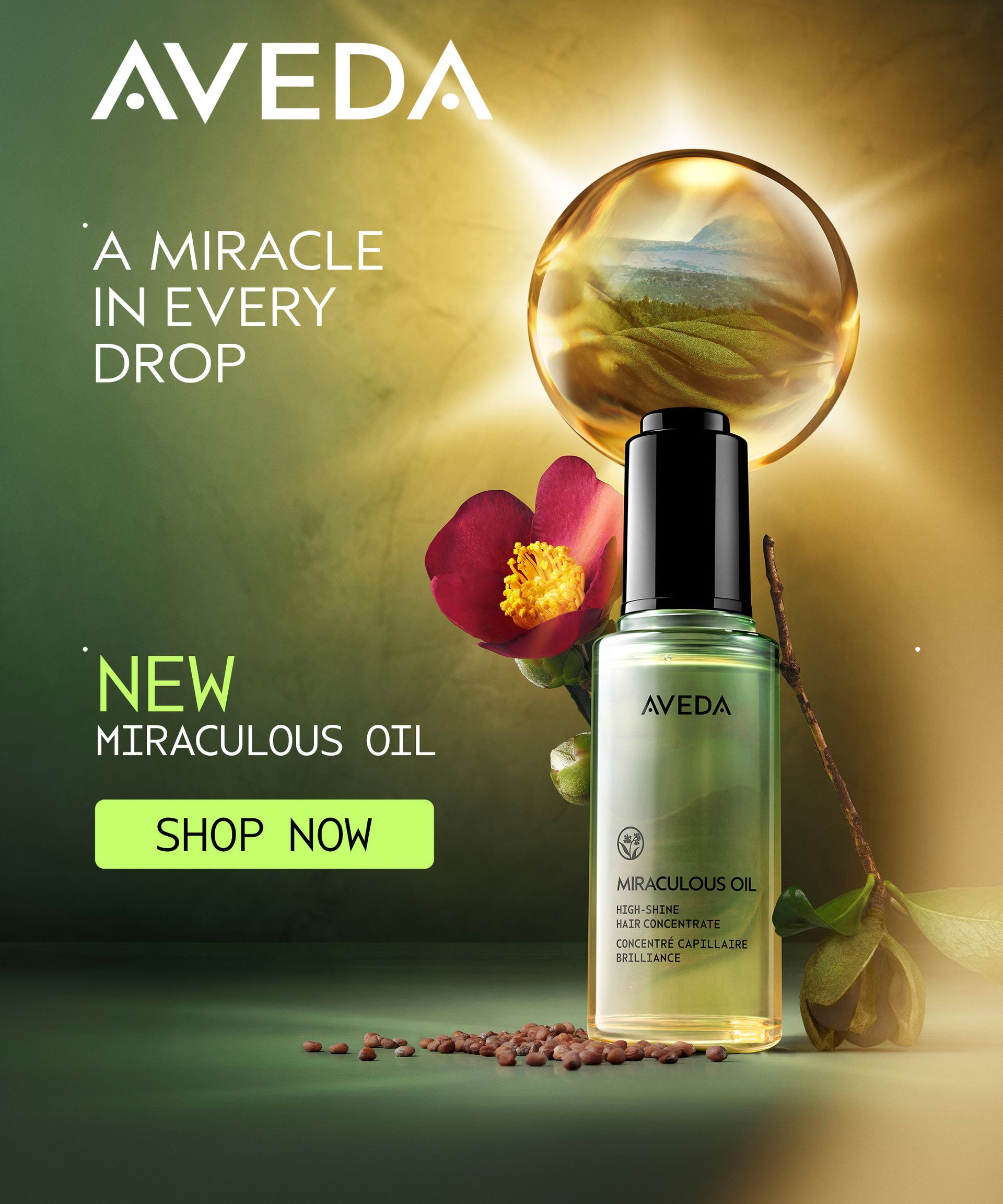 Aveda oil bottle with a flower, illuminated with a golden glow, the text reads 
