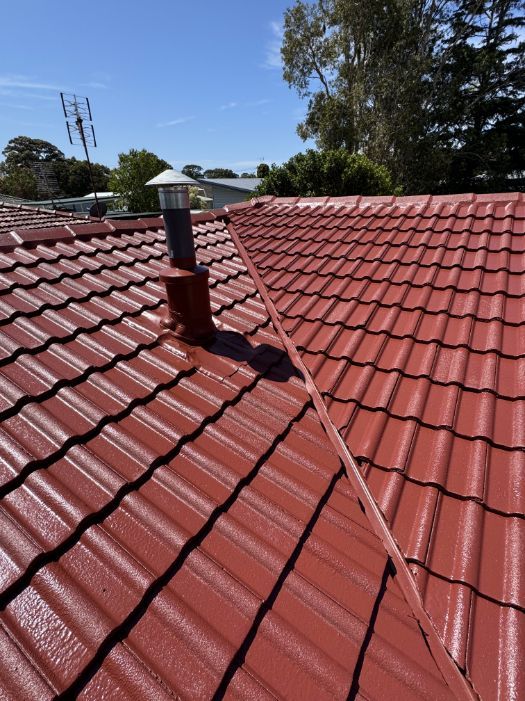A Red Tiled Roof With a Chimney on It — Platinum Pride Roofing In Wyoming, NSW