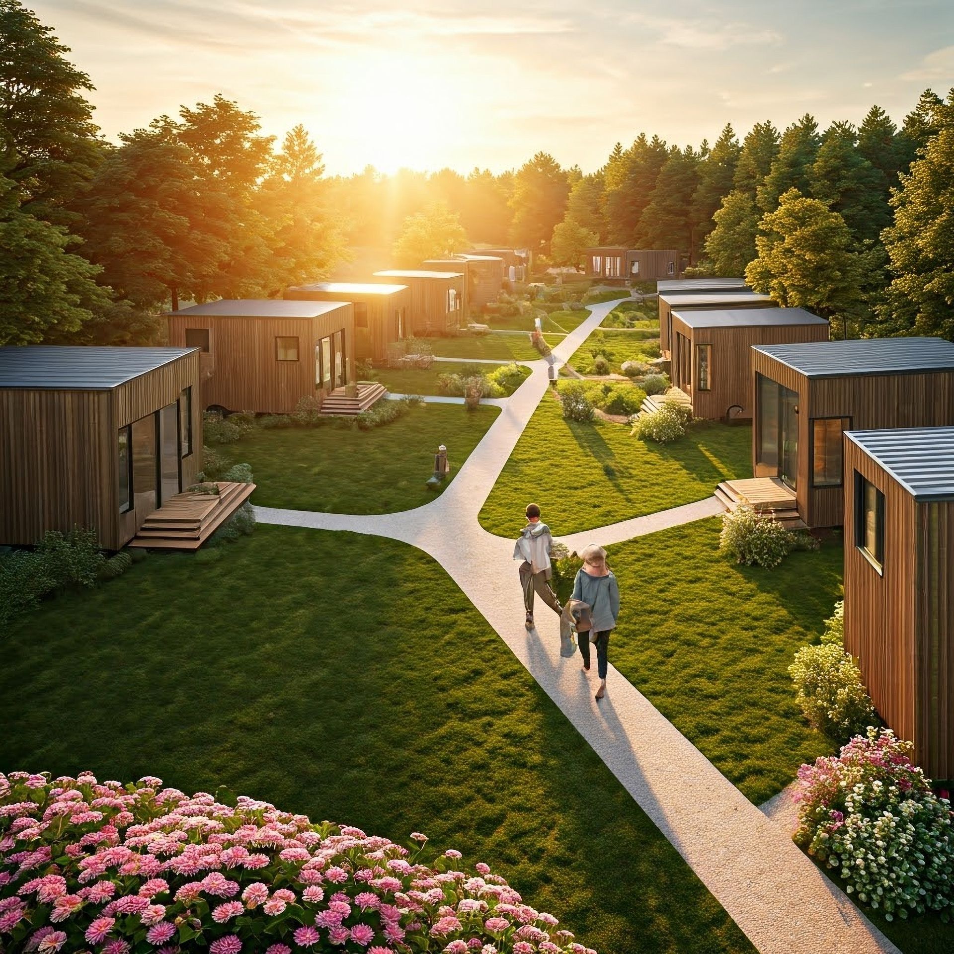 A large house with a large lawn and umbrellas in front of it.