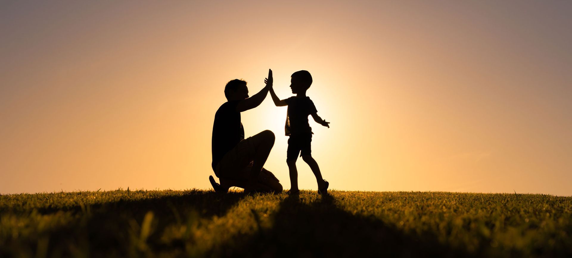 Silhouette of a person kneeling, high-fiving a child on a grassy hill with a bright sunset in the background.