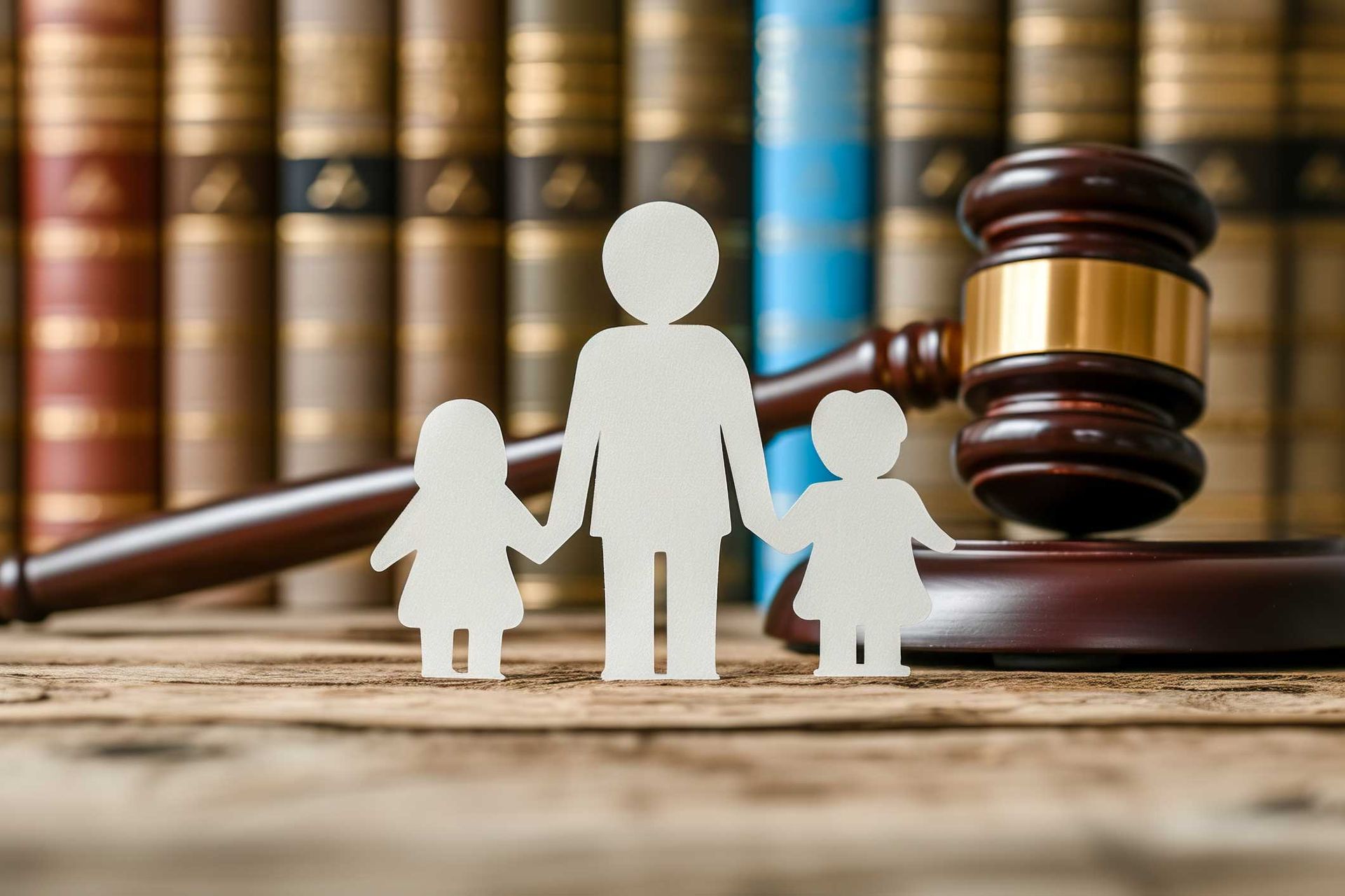 Paper cutouts of a parent and two children in front of a gavel and law books. Paper cutouts of a parent and two children in front of a gavel and law books.