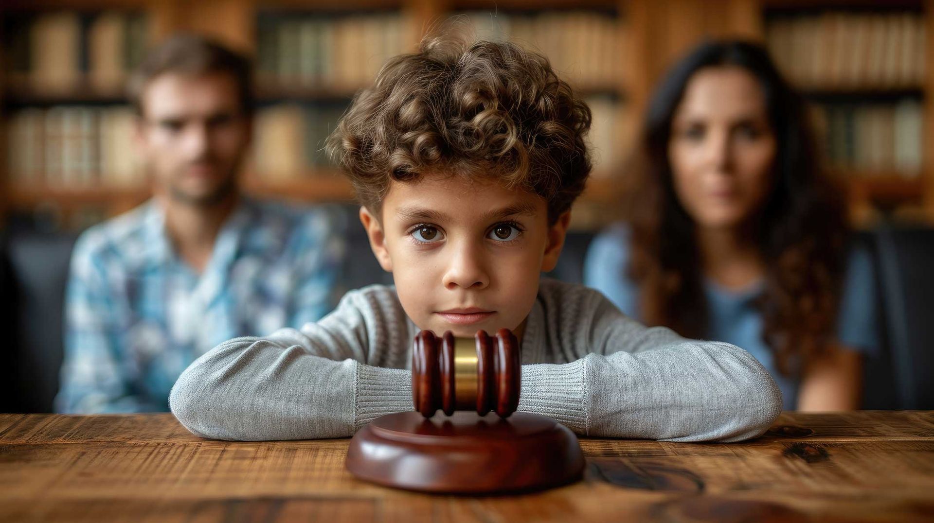 Child with gavel, parents blurred in background, in a courtroom setting. Child with gavel, parents blurred in background, in a courtroom setting.