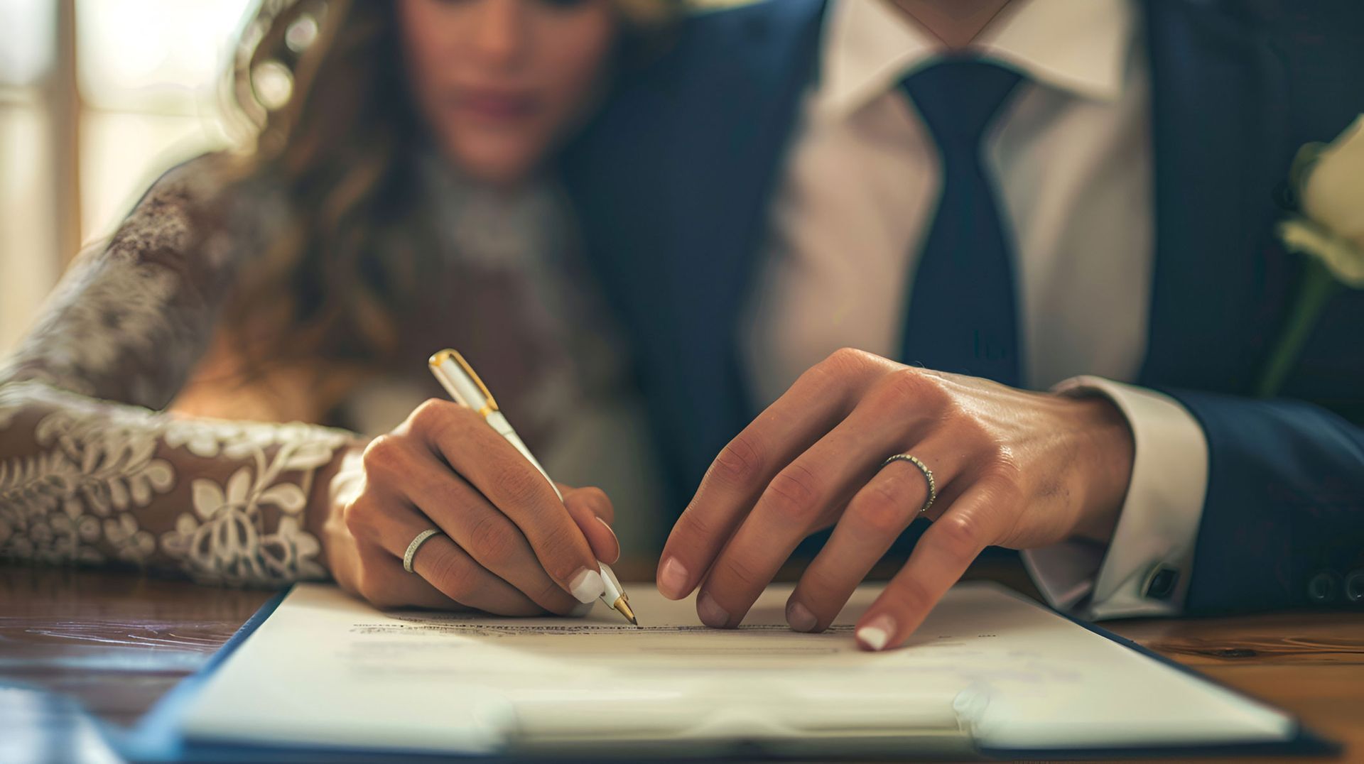 Bride and groom sign a marriage certificate, rings visible, in a softly lit indoor setting. Bride and groom sign a marriage certificate, rings visible, in a softly lit indoor setting.