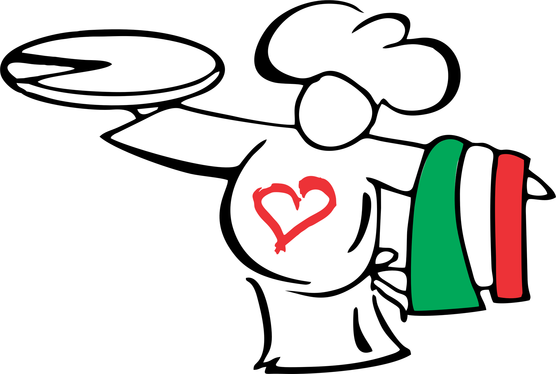 Chef holding pizza and Italian flag; red heart on uniform.