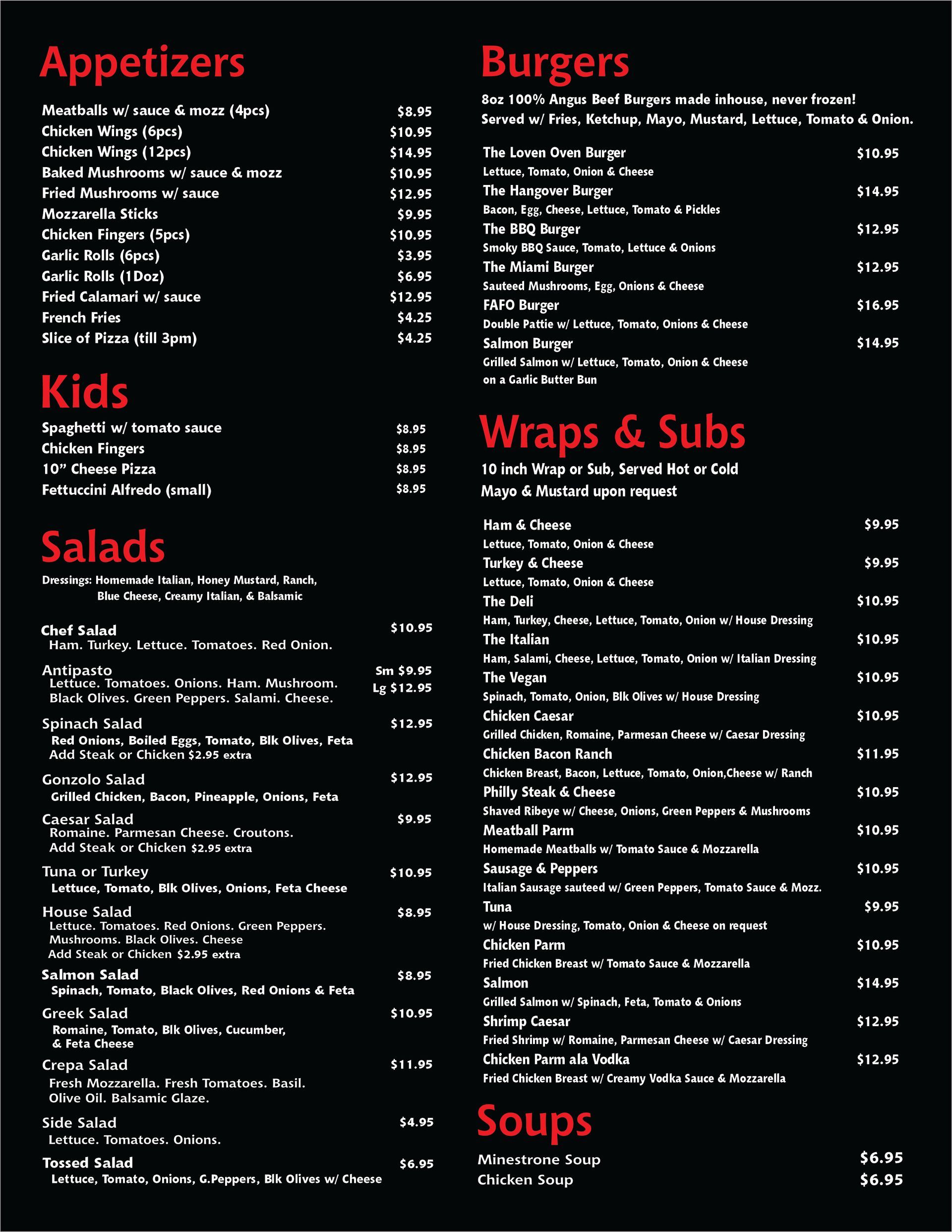 Menu with food categories, titles, and item prices, set against a black background with white text.