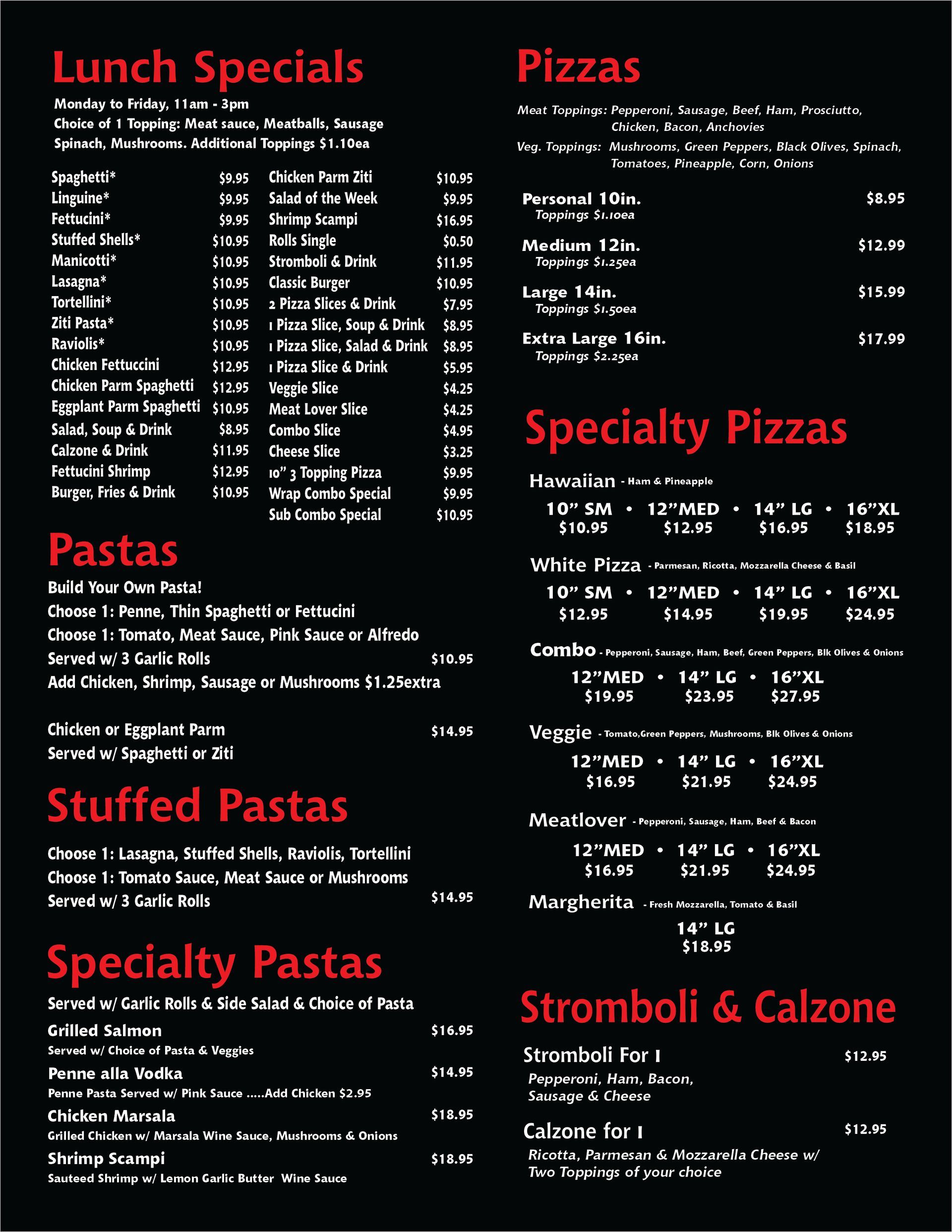 Restaurant menu: lunch specials, pizzas, pastas, stuffed & specialty pastas, stromboli & calzone, prices in USD.