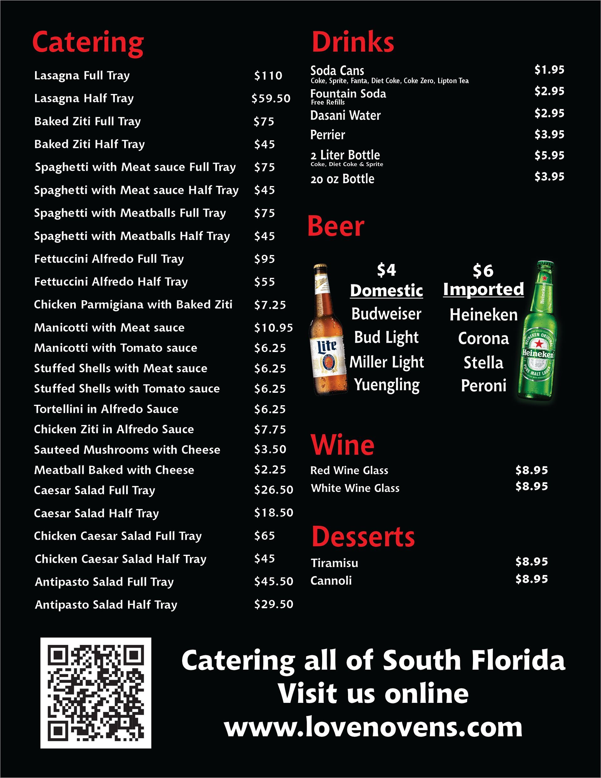Menu for catering and drinks, featuring Italian food, beer, and desserts. Website link provided.