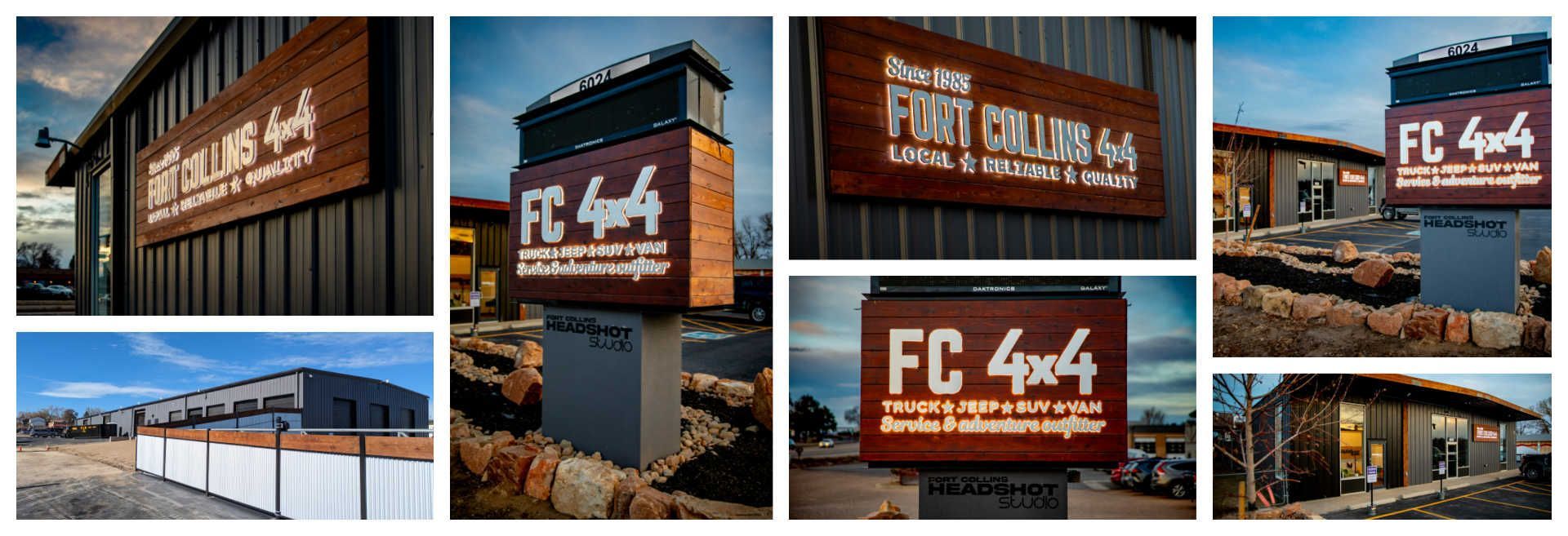 Signs for FC 4x4 and other businesses, displayed in various settings with buildings | Fort Collins 4x4