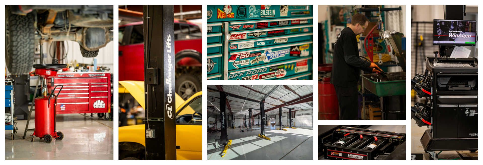 Car repair shop: car on lift, shelves of parts, mechanic working, diagnostic equipment | Fort Collins 4x4