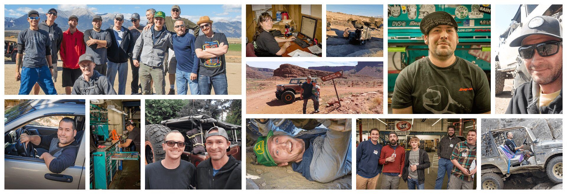 Collage: Men posing outdoors, working on vehicles, exploring in nature | Fort Collins 4x4