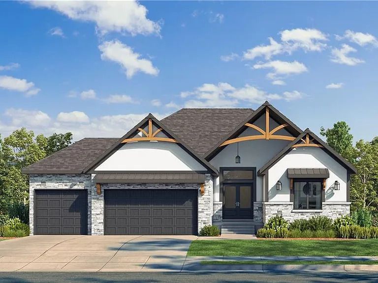 Modern house exterior with stone and white accents, two-car garage, and blue sky.