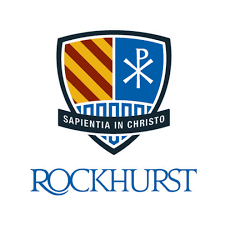 The rockhurst logo is a shield with a cross on it.