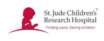 The logo for st. jude children 's research hospital shows a child reading a book.