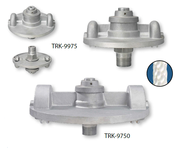 Three silver-colored industrial parts, labeled TRK-9975 and TRK-9750, with circular bases, protruding central structures, and side handles.