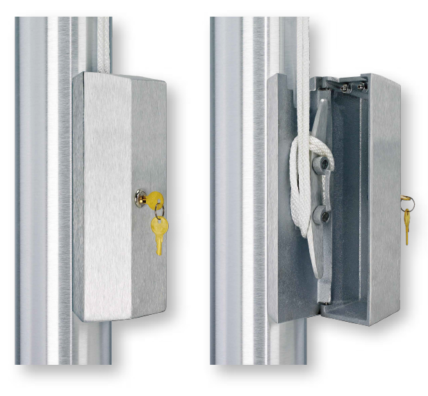 Two metal flag pole rope covers, one closed with a key, the other open, revealing the rope.